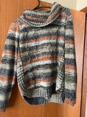 CHARLIE B Striped Cowl Neck Sweater in Rust, Gray & Cream